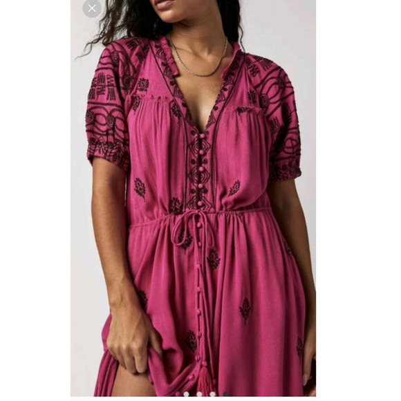 New Free People Riley Embroidered Boho Midi Dress $188 X-SMALL Button Front - Picture 2 of 4